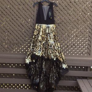 Gorgeous gown, black with gold and silver sequins.
